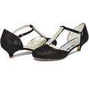 01129 Women's Bridal Shoes 1.6'' Closed Toe T-Strap Low Heel Lace Satin Pumps Imitation Wedding Shoes