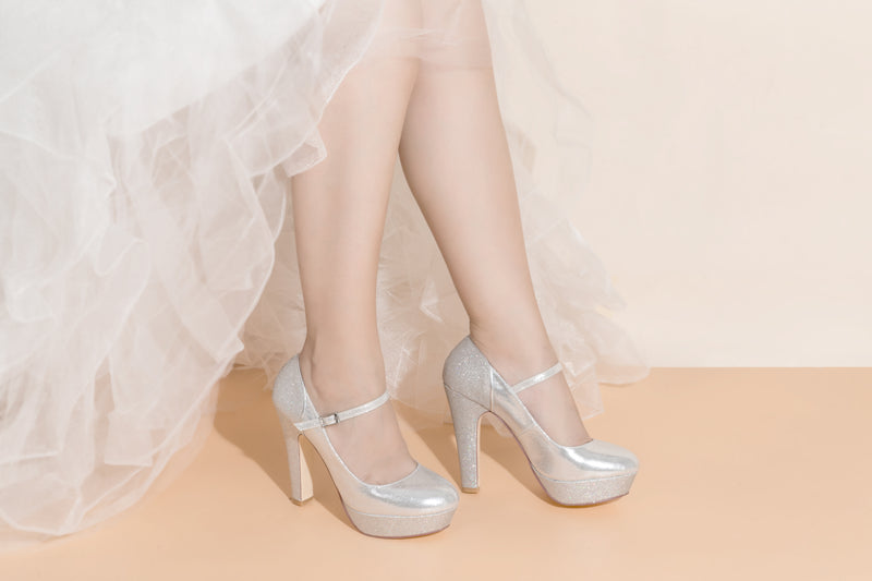 Women's Bridal Shoes Closed Toe 4.7'' Block High Heel Satin Pumps Sparkling Platform Wedding Shoes - florybridal