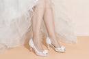 Women's Bridal Shoes Peep Toe 3.1'' Stiletto Mid Heel Lace Satin Pumps Flower Wedding Shoes - florybridal