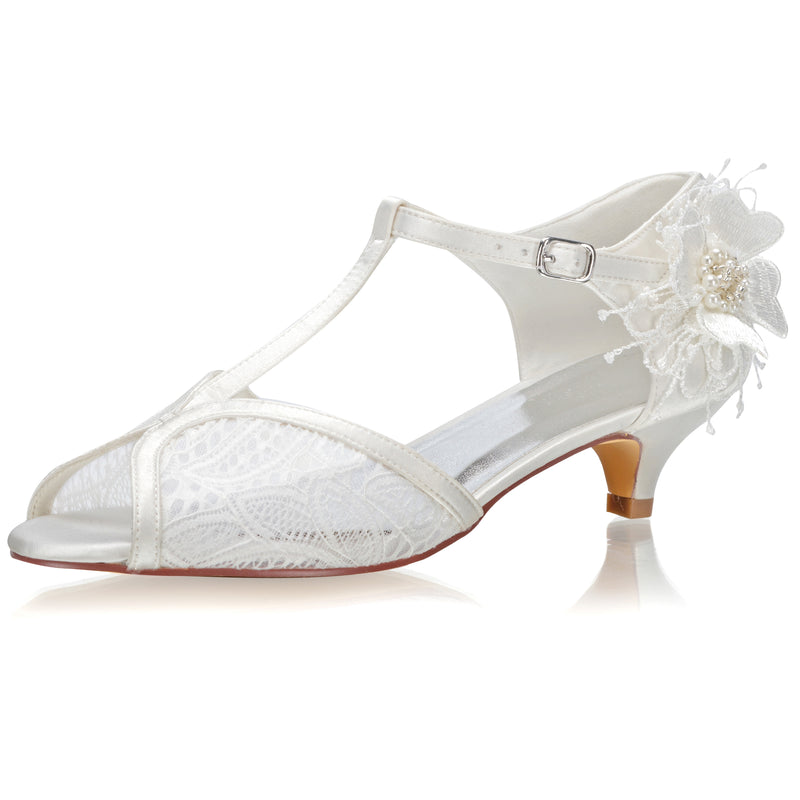 Women's Bridal Shoes 1.5" Peep Toe T-Strap Low Heel Lace Satin Flower Pumps Wedding Shoes - florybridal