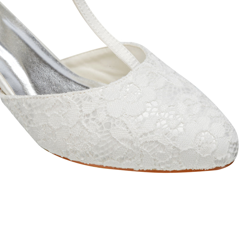 Women's Bridal Shoes Closed Toe T-Strap Block Low Heel Lace Satin Pumps Wedding Shoes - florybridal