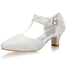 Women's Bridal Shoes Closed Toe T-Strap Block Low Heel Lace Satin Pumps Wedding Shoes - florybridal