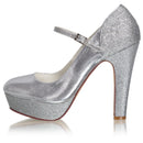 Women's Bridal Shoes Closed Toe 4.7'' Block High Heel Satin Pumps Sparkling Platform Wedding Shoes - florybridal