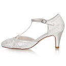 Women's Bridal Shoes Closed Toe 2.6'' Cone Mid Heel Lace Satin Pumps Wedding Shoes - florybridal