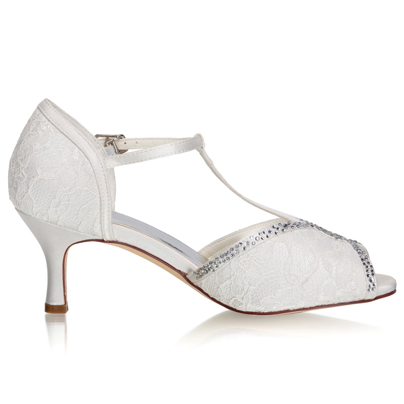 Women's Bridal Shoes Peep Toe 2.6'' Stiletto Mid Heel Lace Satin Pumps Rhinestone Sandals Wedding Shoes - florybridal