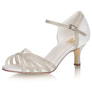 Women's Bridal Shoes Peep Toe 2.6'' Stiletto Mid Heel Lace Satin Pumps Sparkling Sandals Wedding Shoes - florybridal
