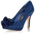 Women's Bridal Shoes Closed Toe 3.9'' Stiletto High Heel Satin Pumps Flower Platform Wedding Shoes - florybridal