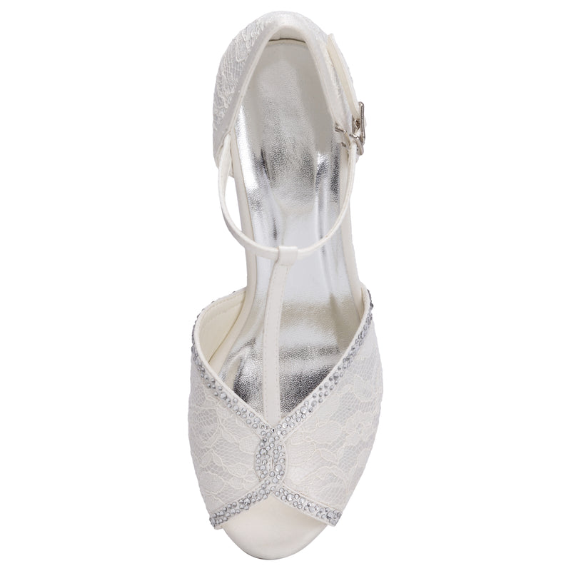 Women's Bridal Shoes Peep Toe 2.6'' Stiletto Mid Heel Lace Satin Pumps Rhinestone Sandals Wedding Shoes - florybridal