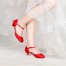Scarpe da sposa da donna 1.6 '' T-Strap punta chiusa Tacco basso Pizzo Raso Scarpe da sposa imitazione