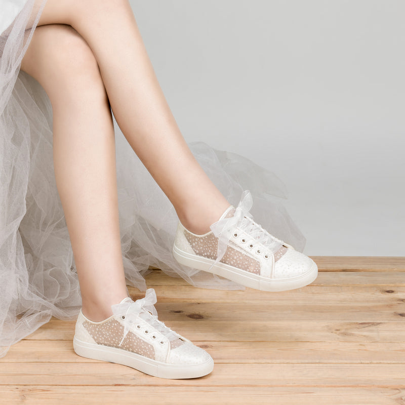 8832A Wedding Shoes Bridal Sneakers Flats Bride Tennis Shoes Lace Sneakers
