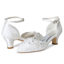 009611 Women's Bridal Shoes Closed Toe 1.9'' Block Mid Heel Lace Satin Pumps Rhinestone Wedding Shoes