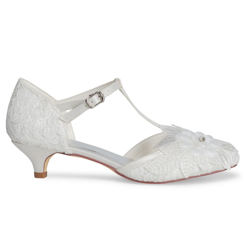 01142 Women's Bridal Shoes Closed Toe T-Strap 1.8'' Low Heel Lace Satin Pumps Flowers Imitation Wedding Shoes