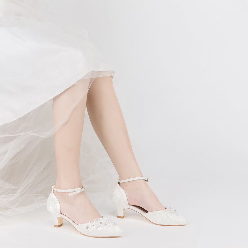 009611 Women's Bridal Shoes Closed Toe 1.9'' Block Mid Heel Lace Satin Pumps Rhinestone Wedding Shoes