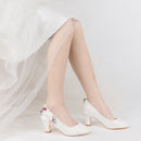 62315 Women's Bridal Shoes Closed Toe 2.7" Chunky Heel Lace Satin Pumps Satin Flowers Wedding Shoes