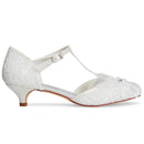 01142 Women's Bridal Shoes Closed Toe T-Strap 1.8'' Low Heel Lace Satin Pumps Flowers Imitation Wedding Shoes