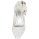 62315 Women's Bridal Shoes Closed Toe 2.7" Chunky Heel Lace Satin Pumps Satin Flowers Wedding Shoes