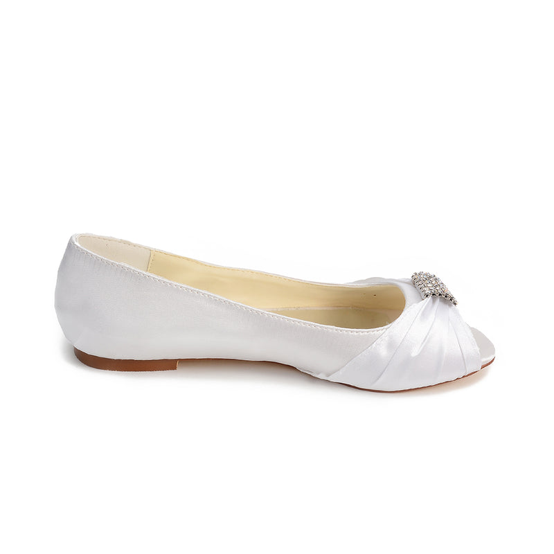 Women's Bridal Shoes Peep Toe Satin Flats Ruffles Wedding Shoes - florybridal