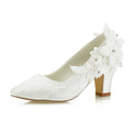 Women's Bridal Shoes Closed Toe 2.7'' Chunky Heel Lace Satin Pumps Satin Flower Wedding Shoes - florybridal