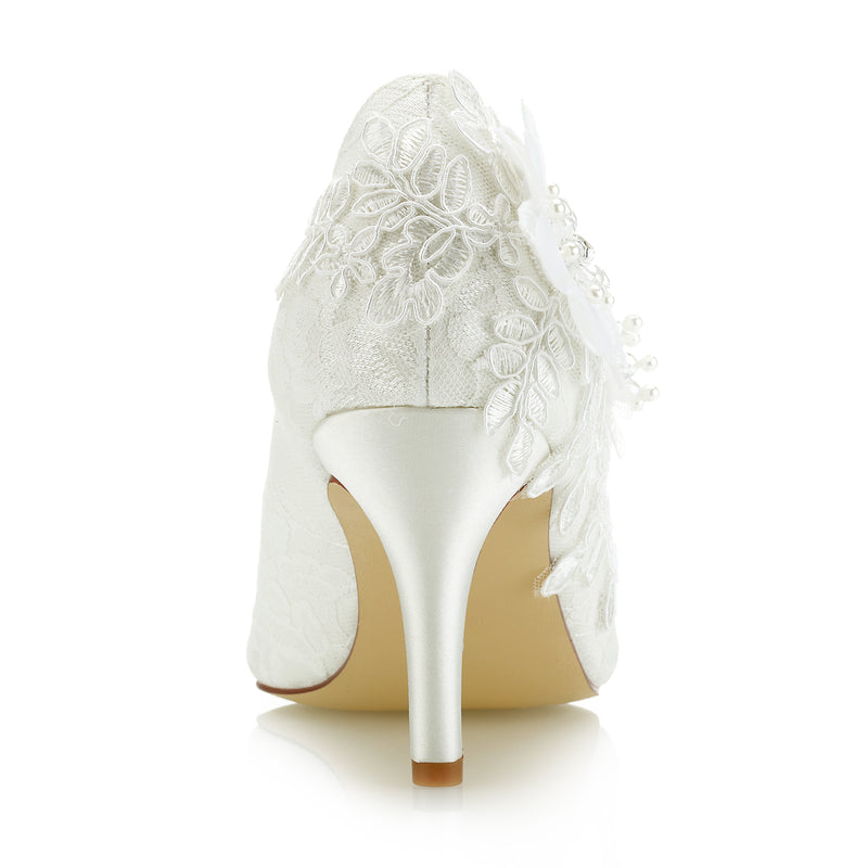 Women's Bridal Shoes 3.14" Closed Toe Stiletto Heel Lace Satin Pumps Satin Flower Imitation Pearl Wedding Shoes - florybridal