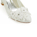 Women's Bridal Shoes 2.7'' Closed Toe Chunky Heel Lace Satin Pumps Satin Flower Ribbon Tie Wedding - florybridal