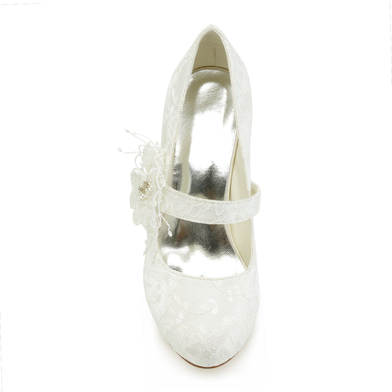Women's Bridal Shoes 2.5" Closed Toe Stiletto Heel Lace Satin Pumps Satin Flower Imitation Wedding Shoes - florybridal
