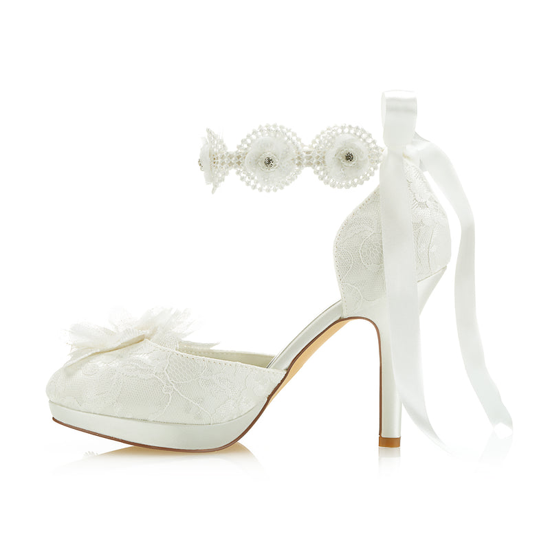 Women's Bridal Shoes 3.9" Closed Toe Stiletto Heel Lace Satin Platform Pumps Satin Flower Ribbon Tie Wedding Shoes - florybridal