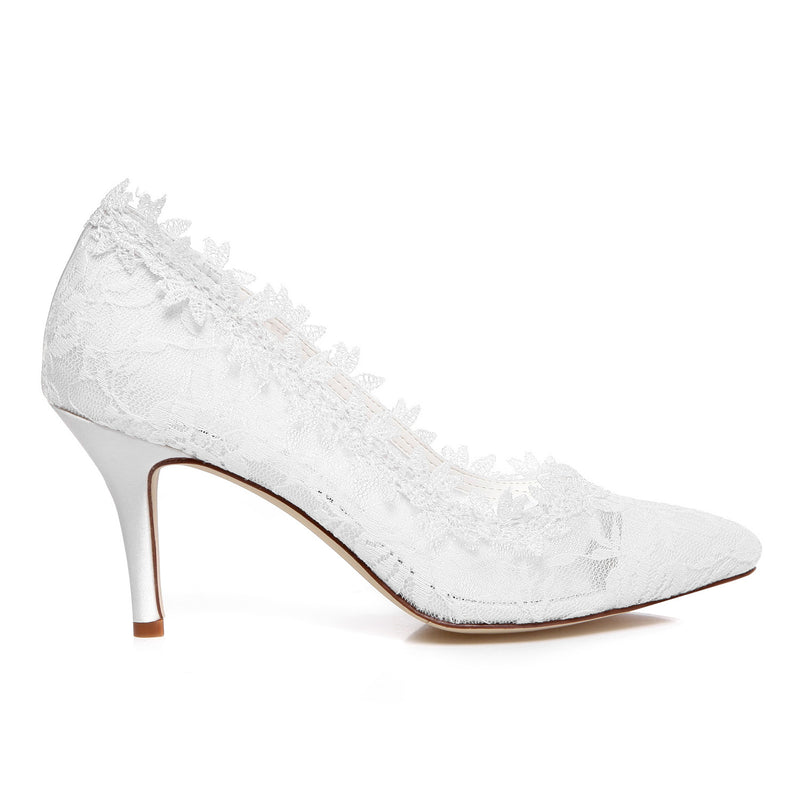 Women's Bridal Shoes Closed Toe 3.14" Stiletto Heel Lace Satin Pumps Satin Flower net Yarn Wedding Shoes - florybridal