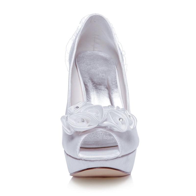 Women's Bridal Shoes Peep Toe 4.7'' High Heels Satin Platform Pumps Knot Wedding Shoes - florybridal