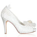 15481 Women's Bridal Shoes Peep Toe 4.1'' Stiletto High Heel Lace Satin Pumps Pearls Platform Wedding Shoes