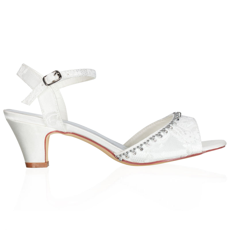 8964 Women's Bridal Shoes Peep Toe 1.9'' Block Low Heel Lace Satin Pumps Sandals Wedding Shoes