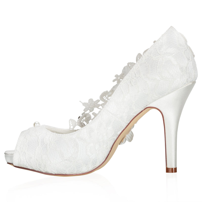 370116 Women's Bridal Shoes Peep Toe 3.9" Stiletto Heel Lace Satin Platform Pumps Flower Wedding Shoes