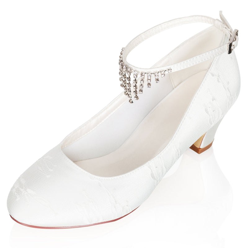 8966 Women's Bridal Shoes Closed Toe 1.9'' Block Low Heel Satin Pumps Rhinestone Wedding Shoes