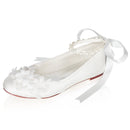 53712 Women's Bridal Shoes Closed Toe Satin Flats Pearl Ribbon Tie Wedding Shoes
