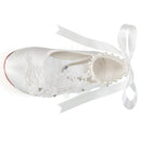53713 Women's Bridal Shoes Closed Toe Satin Flats Pearl Ribbon Tie Wedding Shoes