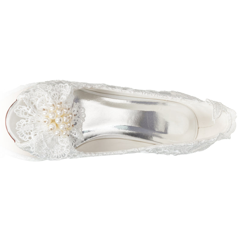 15481 Women's Bridal Shoes Peep Toe 4.1'' Stiletto High Heel Lace Satin Pumps Pearls Platform Wedding Shoes