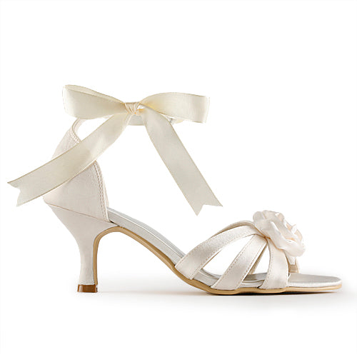 Women's Bridal Shoes Open Toe 2.4" Stiletto Heel Satin Pumps Ribbon Tie Wedding Shoes - florybridal