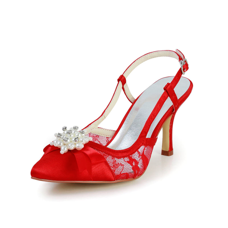 Women's Bridal Shoes Closed Toe 3'' Mid Heel Satin Pumps Pearls Sandals Wedding Shoes - florybridal
