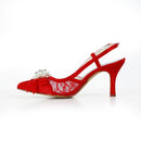 Women's Bridal Shoes Closed Toe 3'' Mid Heel Satin Pumps Pearls Sandals Wedding Shoes - florybridal
