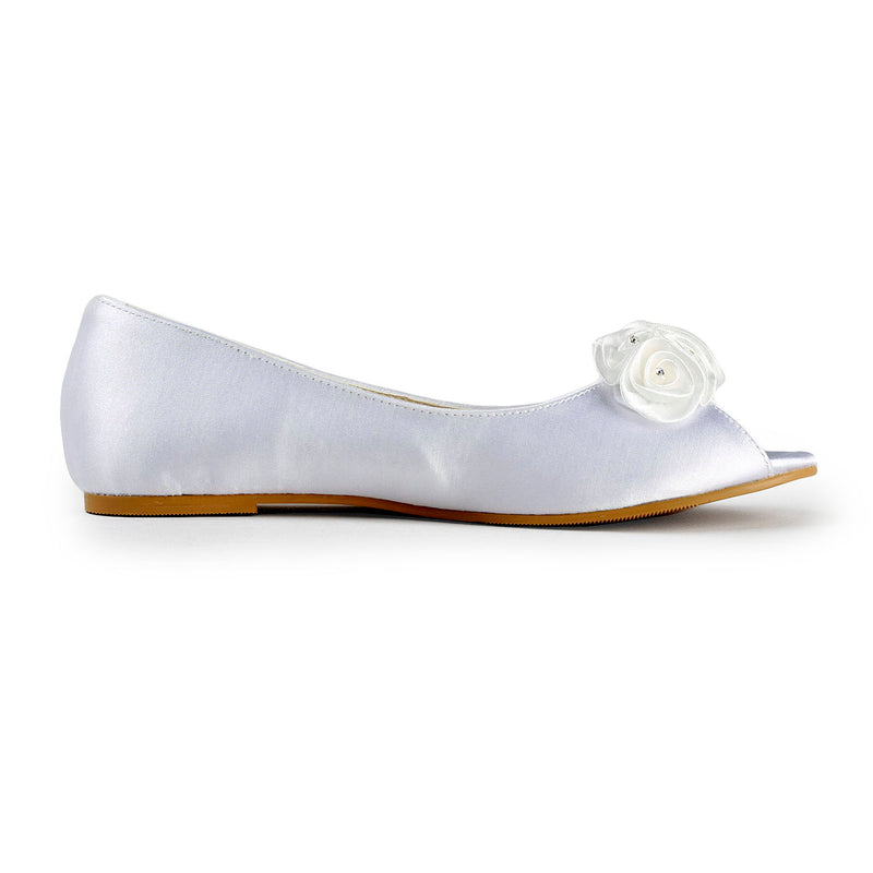 Women's Bridal Shoes Peep Toe Satin Flats Flower Wedding Shoes - florybridal