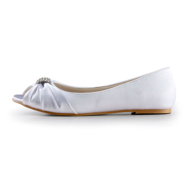 Women's Bridal Shoes PeepToe Satin Flats Ruffles Wedding Shoes - florybridal