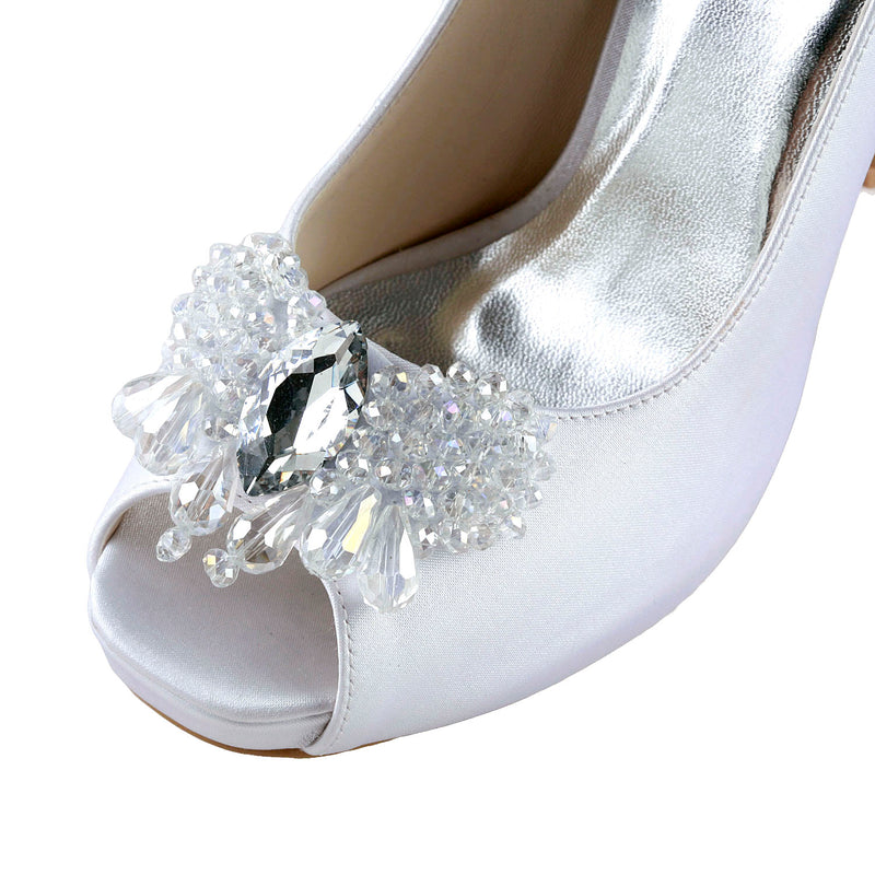 Women's Bridal Shoes Peep Toe 3.9'' High Heel Satin Pumps Rhinestone Wedding Shoes - florybridal