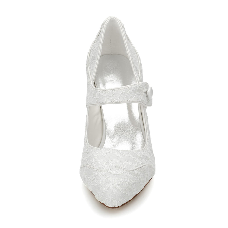 Women's Bridal Shoes Closed Toe 2.9'' Mid Heel Lace Satin Pumps Wedding Shoes - florybridal
