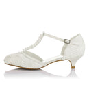 Women's Bridal Shoes 1.6'' Closed Toe T-Strap Low Heel Lace Satin Pumps Imitation Wedding Shoes - florybridal