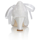 Women's Memory Foam Bridal Shoes Closed Toe 2.4'' Block Mid Heel Lace Satin Pumps Ribbon Tie Wedding Shoes - florybridal