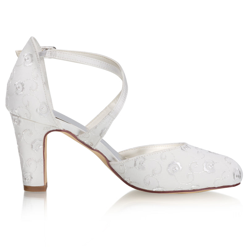 Women's Bridal Shoes Closed Toe 2.95'' Block Mid Heel Satin Pumps Wedding Shoes - florybridal