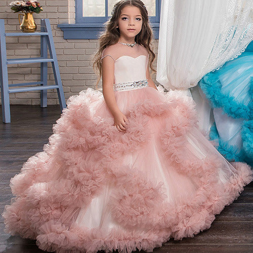 SZ45-TZ01 Elegant Flower Girl Dress for Wedding Kids Sleevelesss Lace Pageant Children Ball Gowns