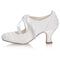 Women's Memory Foam Bridal Shoes Closed Toe 2.4'' Block Mid Heel Lace Satin Pumps Ribbon Tie Wedding Shoes - florybridal