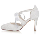Women's Memory Foam Bridal Shoes Closed Toe 3.3'' Stiletto High Heel Lace Satin Pumps Ribbon Tie Wedding Shoes - florybridal