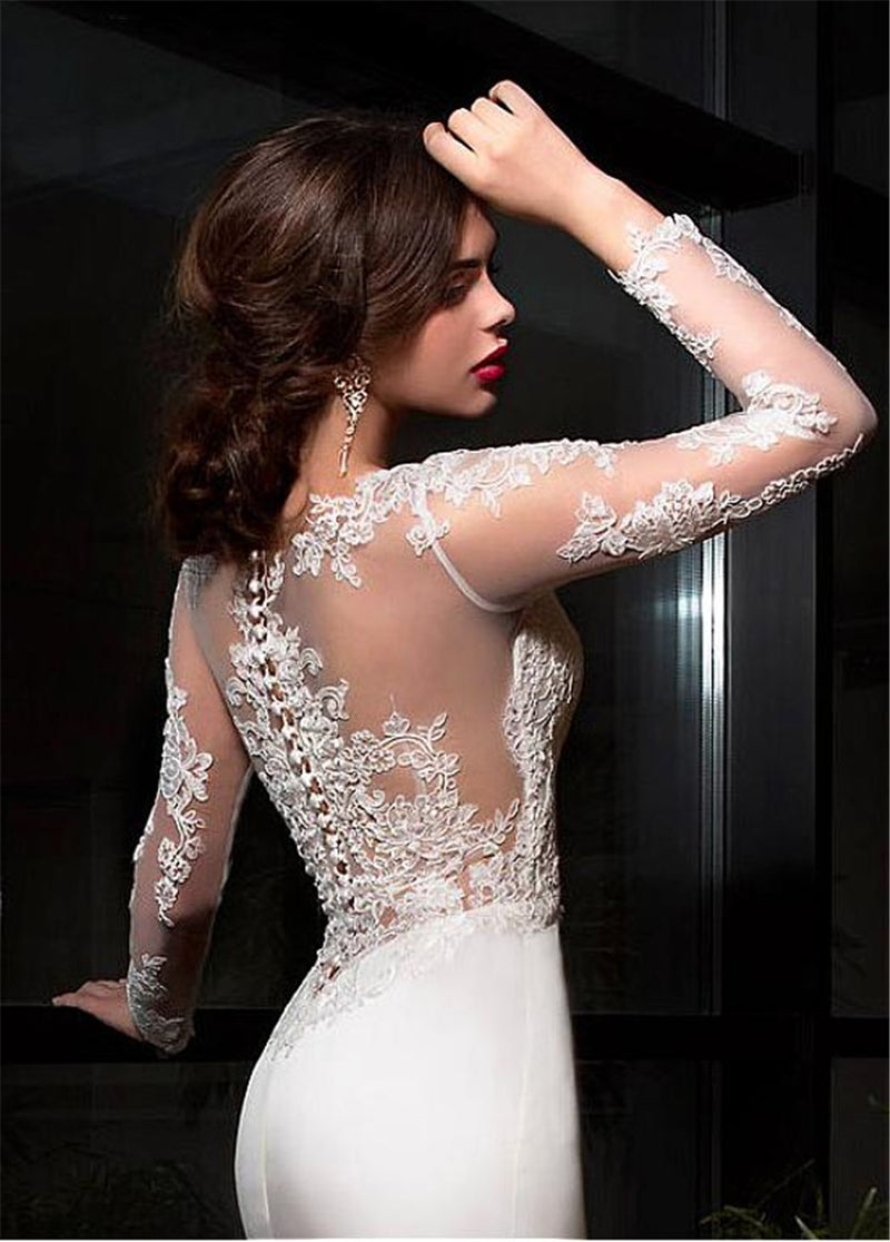 Elegant Satin Neckline Sheath Wedding Dress With Lace Appliques Long Sleeves Bridal Dress - florybridal