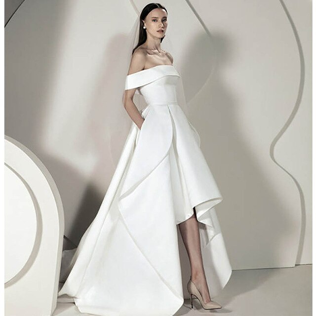 High/Low Wedding Dress Soft Satin Wedding Gowns Elegant Off The Shoulder Bride Dress - florybridal